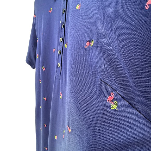 Talbots Woman Navy Blue Flamingo Embroidered Polo Dress 2X Cotton Spandex Pique - Picture 2 of 8